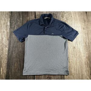 Travis Mathew Blocked Striped Polo Shirt Mens Lg Blue Gray Cotton Polyester